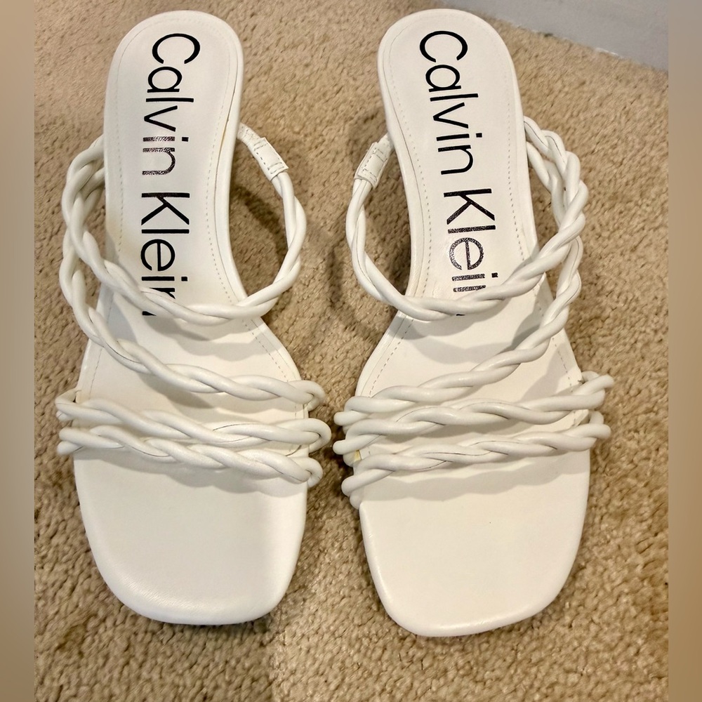 Calvin Klein White Braided Strap Slide Sandals